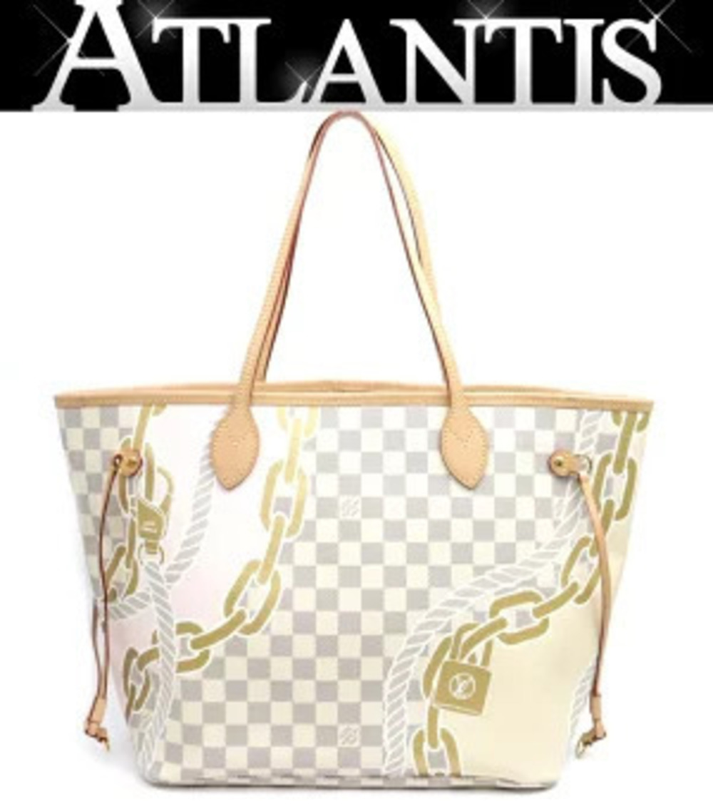 Louis Vuitton Neverfull Tote Bag Nautical Rope Chain Damier Azur White